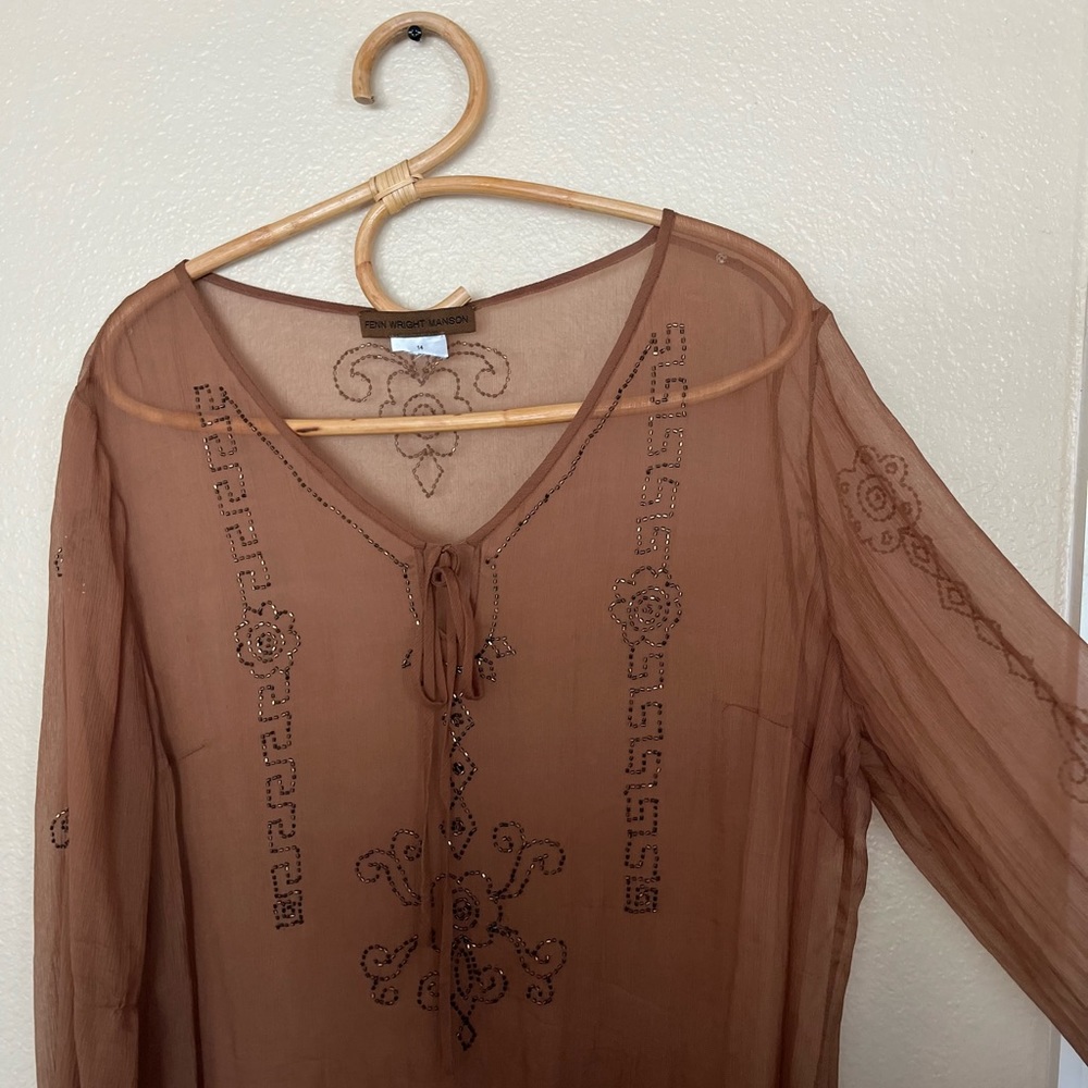 Fenn Wright Manson Brown Beaded Sheer Long Sleeve Top